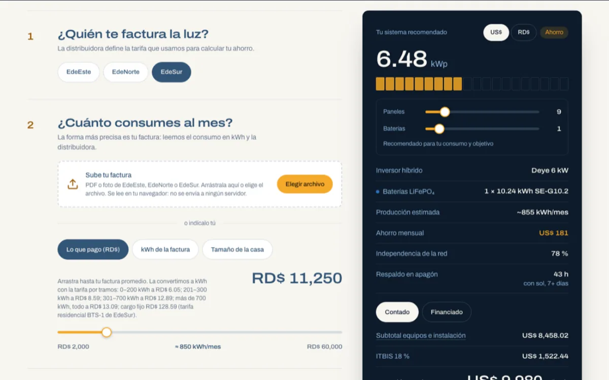 La calculadora de Nexvia con el sistema recomendado y el precio